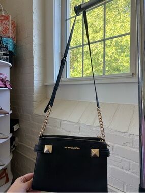 Michael Kors Black Leather Crossbody with Gold Chain Accents